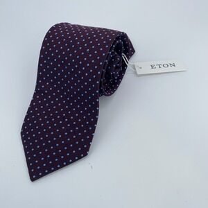Eton Tie Mens One Size Maroon Blue Polka Dot Silk Classic Necktie Italy Made NWT